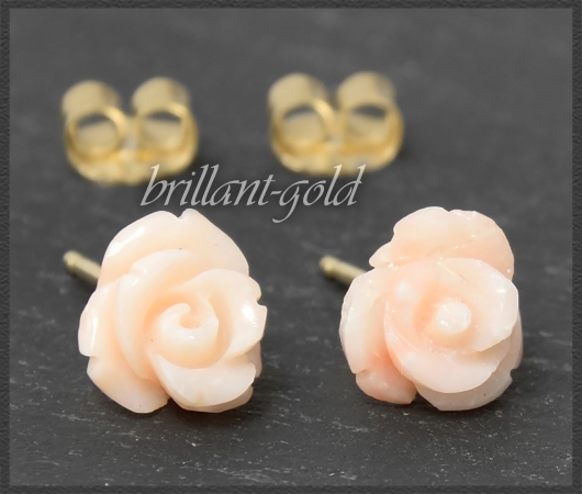 Ohrstecker rosa Edel-Koralle Rosen Blume, 585 Gold